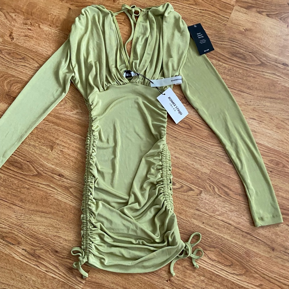 NWT NA-KD Romee Strijd Deep Neckdrop Gathered Dress XS Green